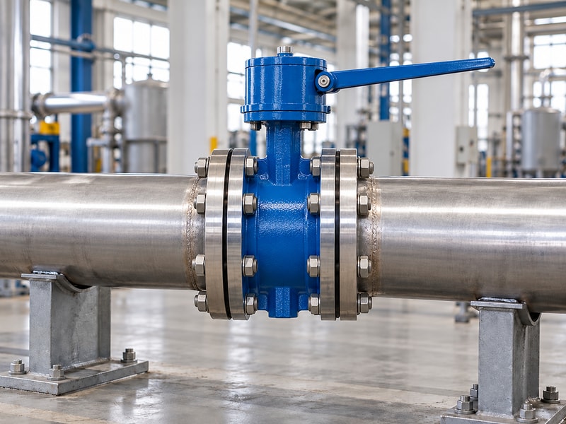 spring return manual butterfly valve: manual valve between supported straight pipes