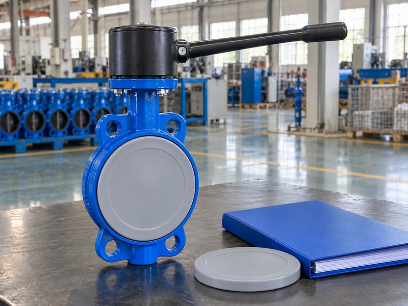 spring return manual butterfly valve: protected manual valve beside a loose cover and document folder