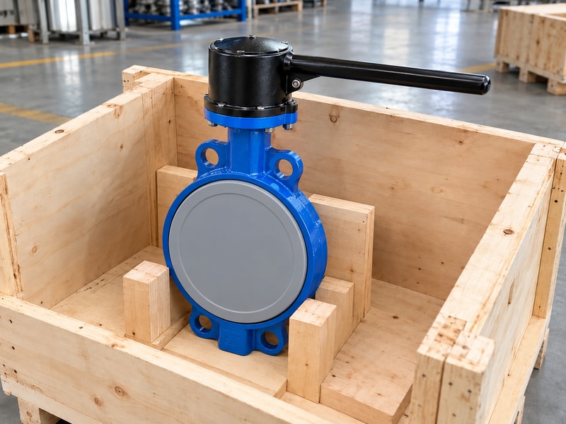 spring return manual butterfly valve: protected manual valve restrained by its body in a crate