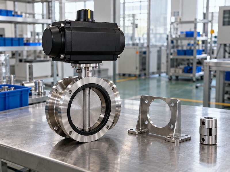 spring return vacuum butterfly valve: stainless assembly beside a spare bracket and coupling