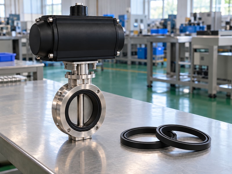 spring return vacuum butterfly valve: two-port stainless valve beside separate seal samples