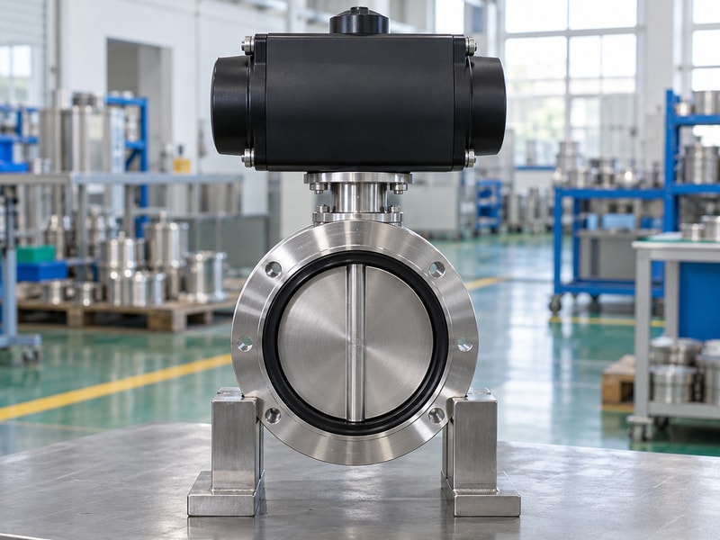 spring return vacuum butterfly valve: stainless assembly on an inspection stand