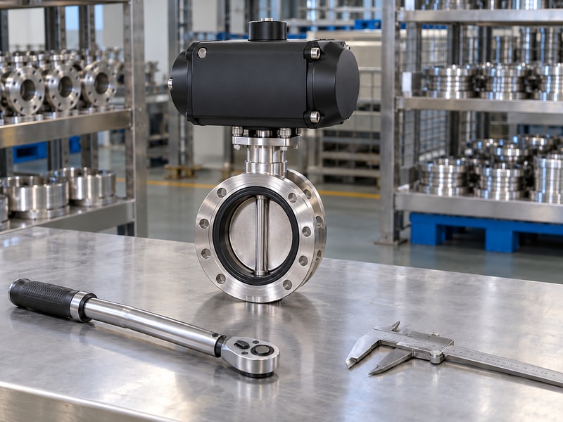 spring return vacuum butterfly valve: stainless valve beside inspection tools