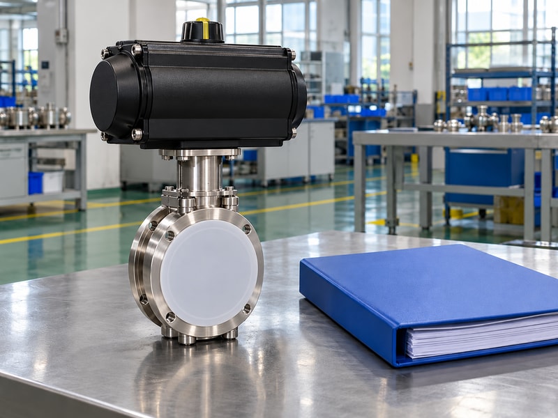 spring return vacuum butterfly valve: protected stainless valve beside a document folder