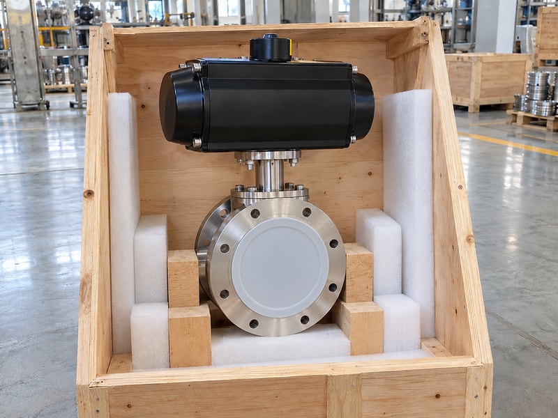 spring return vacuum butterfly valve: protected stainless valve supported in a crate