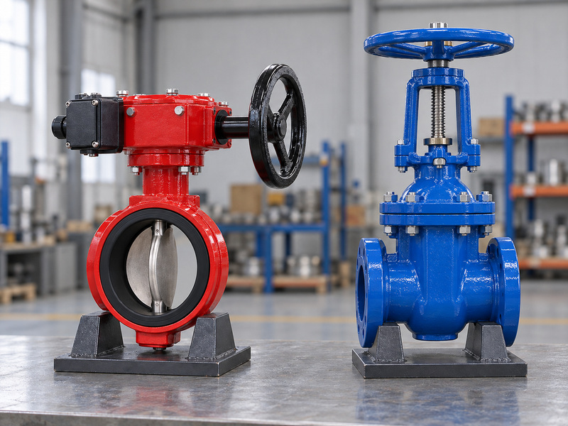 Illustrative supervisory butterfly valve with a visible disc beside a separate blue OS&Y gate valve on individual factory supports for a whole-valve comparison.