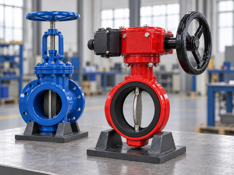 Illustrative supervisory butterfly valve in the foreground with its disc edge visible beside a separate blue OS&Y gate valve, showing different body and operator envelopes.