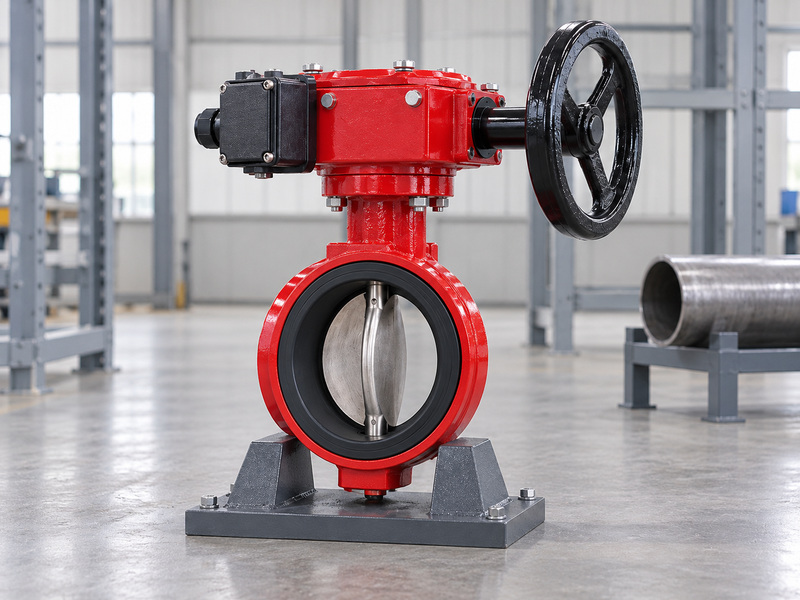 Illustrative supervisory butterfly valve on an independent support in an open factory mock-up, with clearance around its handwheel and closed enclosure and a separate short pipe sample nearby.