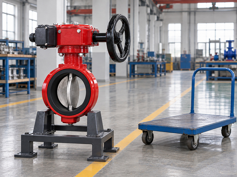 Illustrative supervisory butterfly valve on a raised factory support beside a clear access aisle and an empty low trolley for a maintenance-space review.