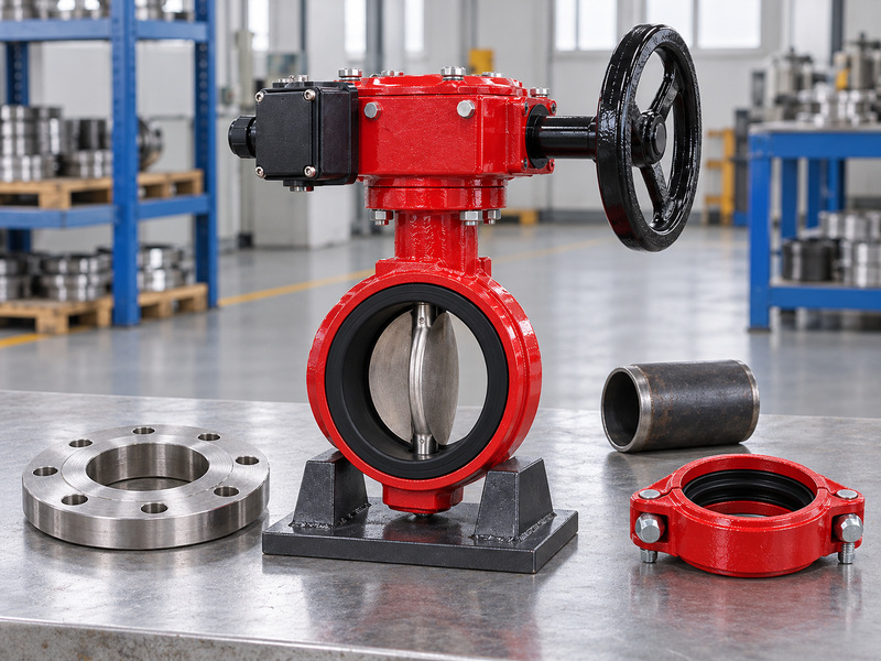 Illustrative supervisory butterfly valve with a visible disc and separate flange, closed grooved coupling, and short pipe samples on a factory bench for an interface and disc-clearance review.