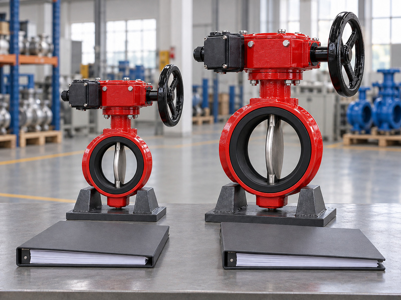 Illustrative supervisory butterfly valve size comparison with two complete valves on separate supports and blank technical folders for a hydraulic-data review.