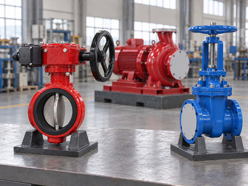 Illustrative supervisory butterfly valve and separate OS&Y gate valve on a foreground review bench, with an unconnected pump behind them and blank protective covers on its suction and discharge ports.