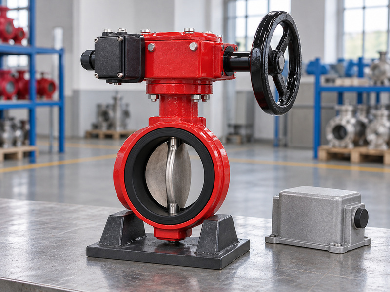 Illustrative supervisory butterfly valve with a closed monitoring enclosure beside a separate closed housing sample with a plugged entry in a dry factory inspection area.
