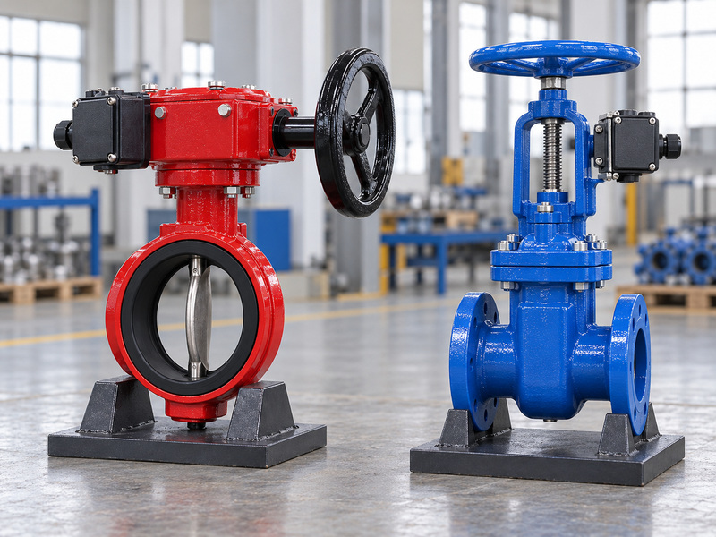 Illustrative supervisory butterfly valve and separate blue OS&Y gate valve with closed monitoring housings on individual supports for a mechanism comparison.