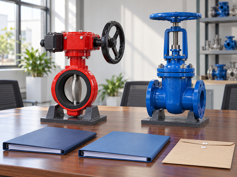 Illustrative supervisory butterfly valve beside a separate blue OS&Y gate valve on a meeting table with blank project folders and a paper envelope for a selection review.