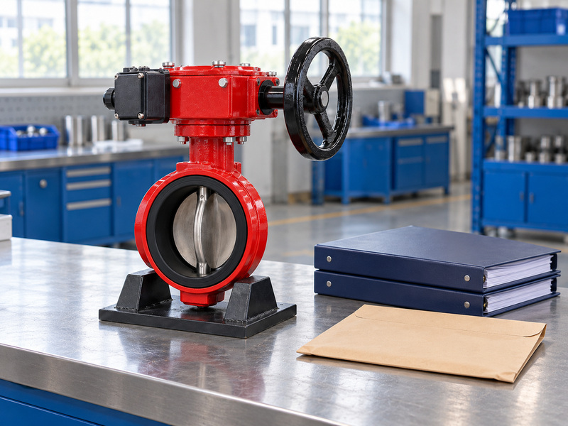 Illustrative supervisory switch for butterfly valve shown as a closed enclosure on a complete handwheel-operated valve beside blank folders and an envelope for assembly-identity review.