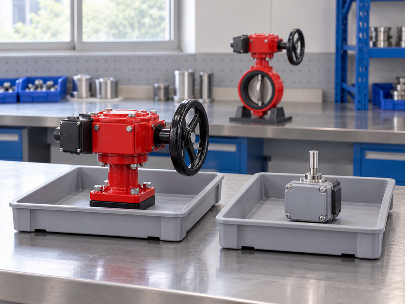 Illustrative supervisory switch for butterfly valve review comparing a closed handwheel gear-switch component and a separate closed rod-operated switch in different trays, with a complete valve in the background.