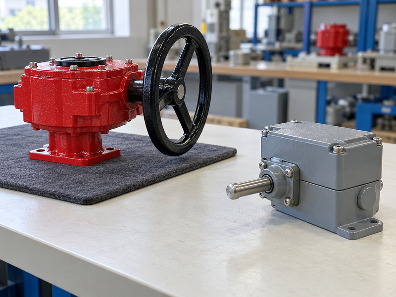 Illustrative supervisory switch for butterfly valve review showing a closed external switch with a short mechanical sensing rod separated from a complete handwheel gearbox on a padded mat.
