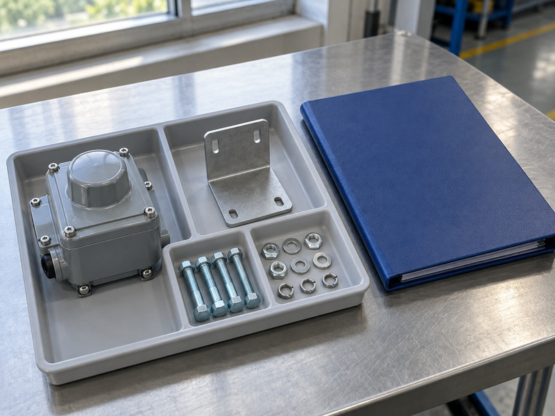 Illustrative supervisory switch for butterfly valve kit-content review with a closed switch, separate metal bracket, bolts, nuts and washers in a divided tray beside a blank closed folder.