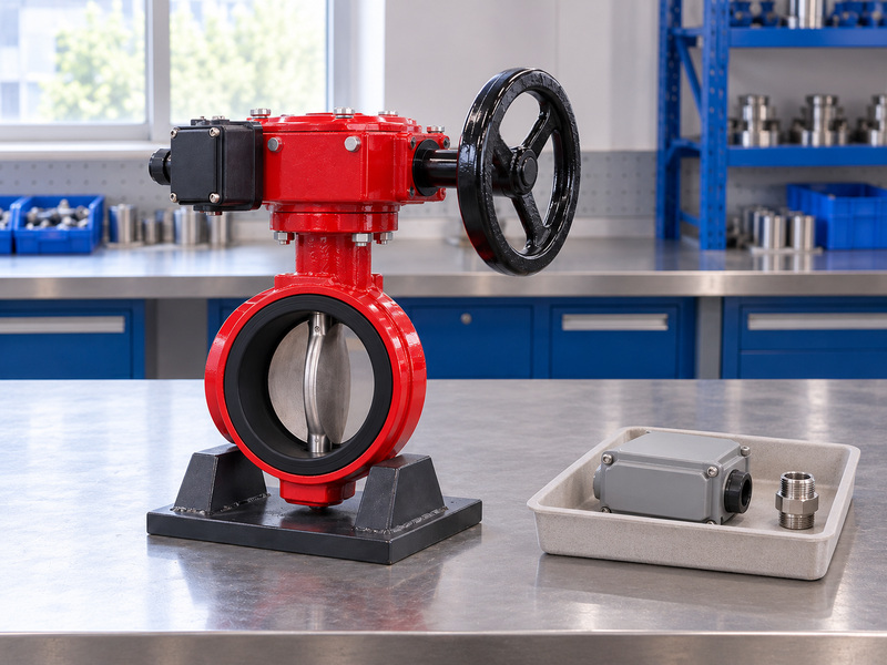 Illustrative supervisory switch for butterfly valve clearance review with a complete supported handwheel valve and a separate closed replacement enclosure and conduit fitting in a tray.