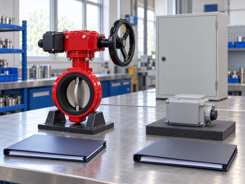 Illustrative supervisory switch for butterfly valve input-equipment review with a complete handwheel valve, a separate closed replacement enclosure, a closed cabinet and two blank folders.