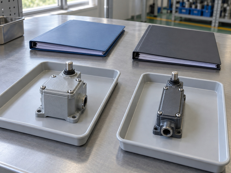 Illustrative supervisory switch for butterfly valve replacement review comparing two differently shaped closed switches with short mechanical rods in separate trays beside blank folders.