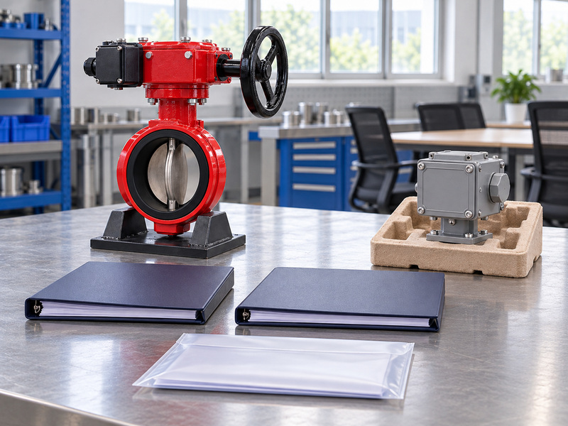 Illustrative supervisory switch for butterfly valve handover review with a complete supported valve, a separate closed replacement enclosure in molded packaging, blank folders and a sealed document sleeve.