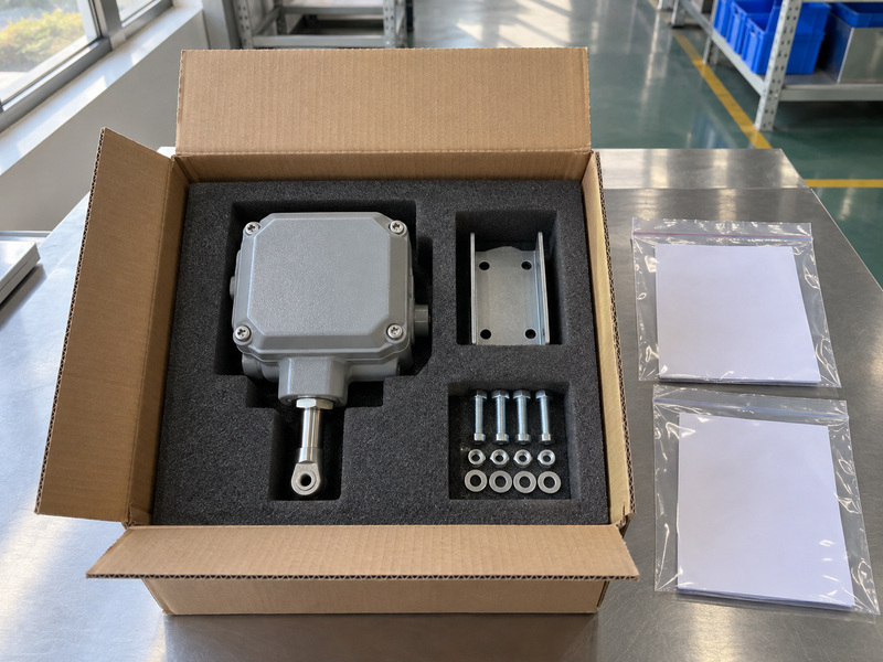 Illustrative supervisory switch for butterfly valve packaging review with a closed rod-operated switch, separate bracket and fasteners secured in foam inside a box beside two sealed blank document sleeves.