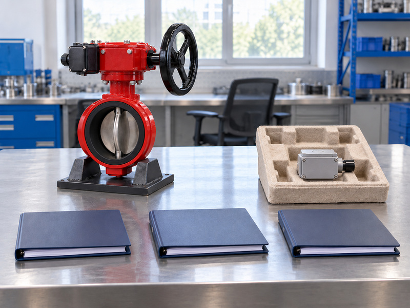Illustrative supervisory switch for butterfly valve purchasing review with a complete handwheel-operated valve, a separate closed candidate replacement enclosure in molded packaging, and three blank folders.