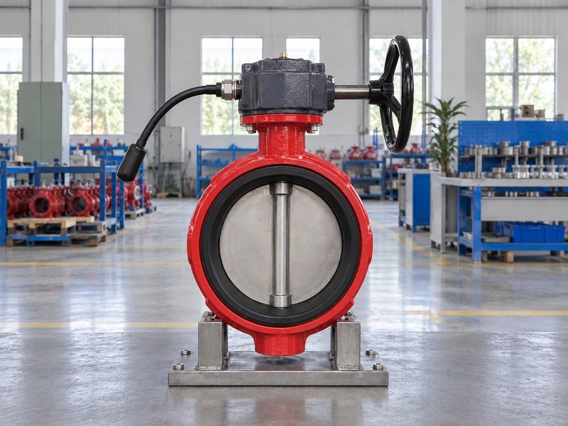 tamper switch on butterfly valve illustration showing a static closed-disc manual valve with an enclosed operator and capped signal lead