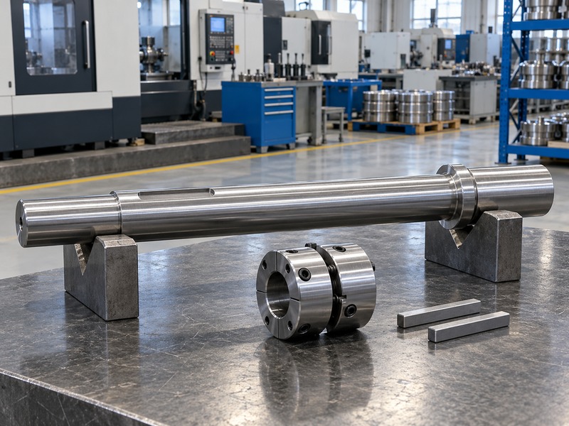 Machined shaft and coupling components on a supported bench