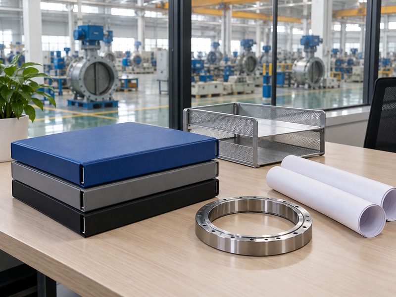 Engineering folders, drawing rolls, and a metal ring sample on a desk