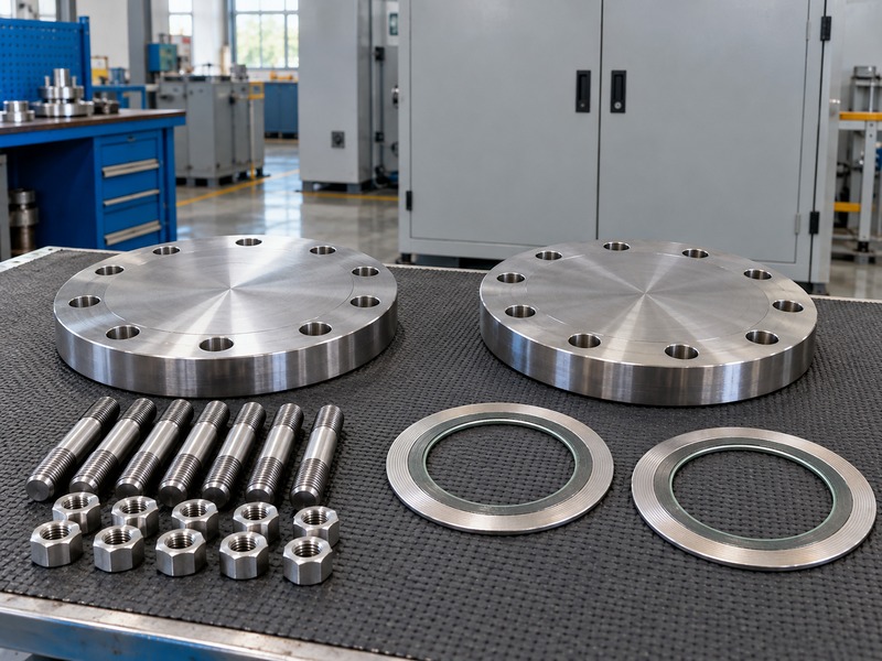 Blind flanges and closure-test components arranged on a workshop bench