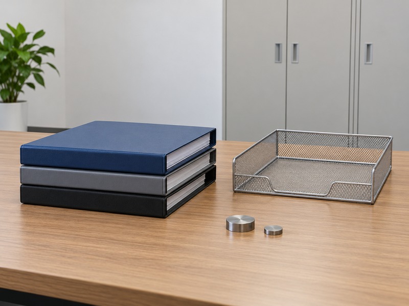 Engineering folders and metal samples arranged for an option review
