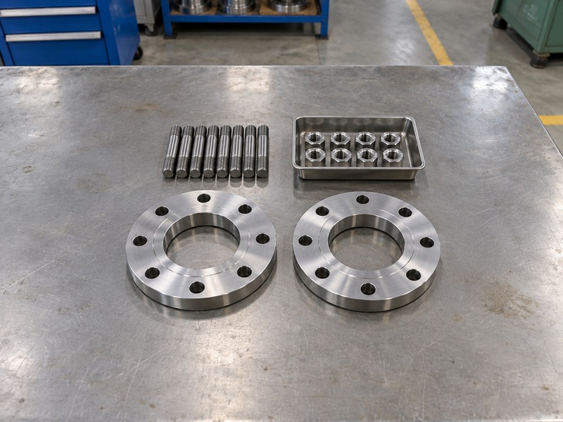 Separate flange faces, studs, and nuts prepared for a bolting-pattern review