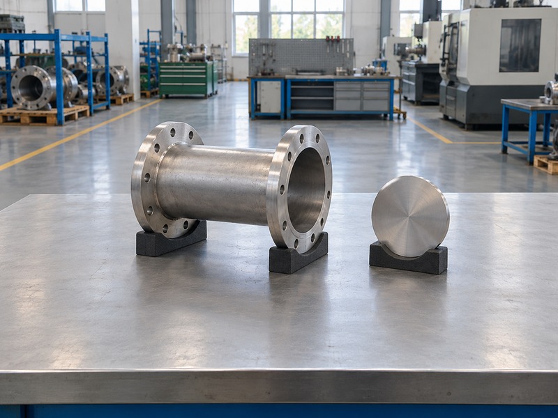 Unconnected pipe spool and separate metal disc sample for a clearance review