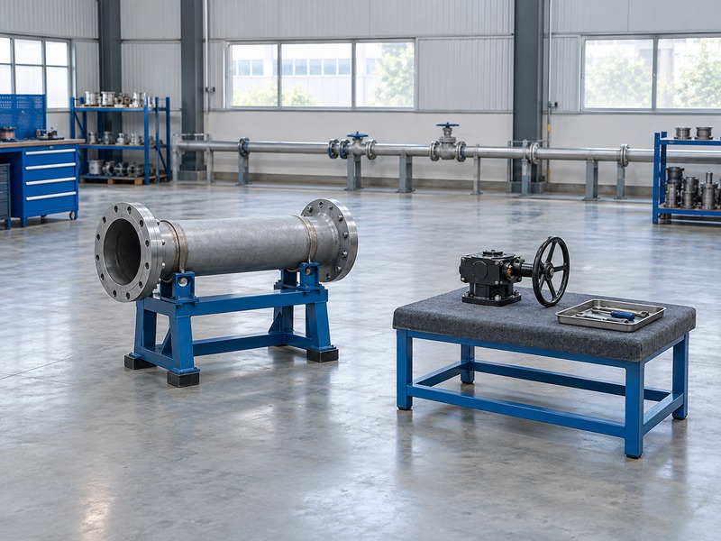 Supported pipe spool beside a separate manual gearbox with clear working space