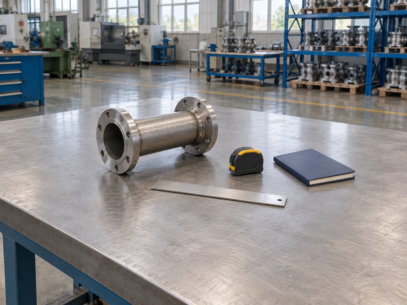 Unconnected pipe spool, closed tape measure, notebook, and straightedge for site-record preparation