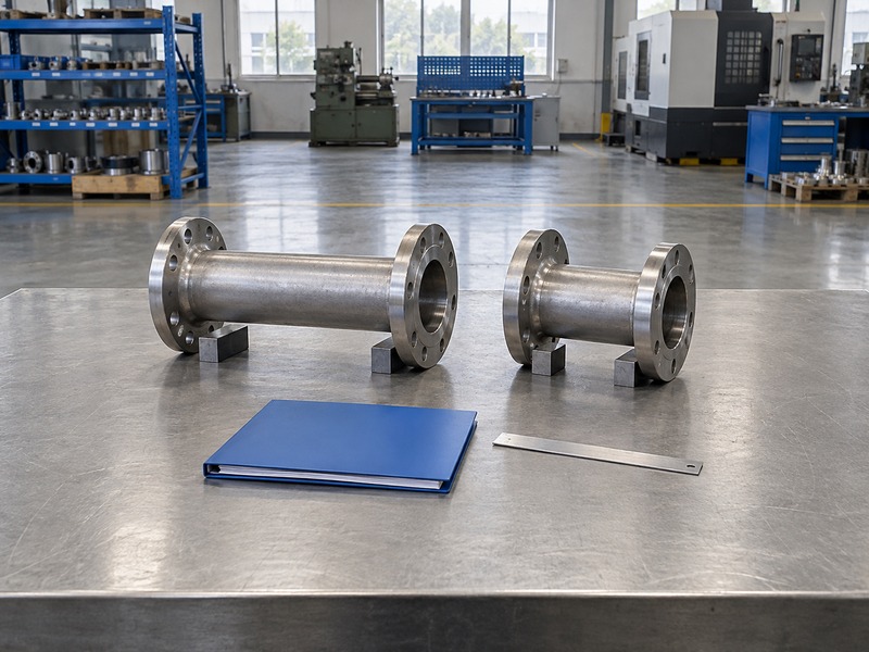 Different-length flanged pipe spools and a closed folder prepared for a replacement-fit review