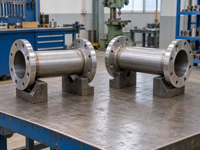 Two straight flanged pipe spools on separate inspection supports