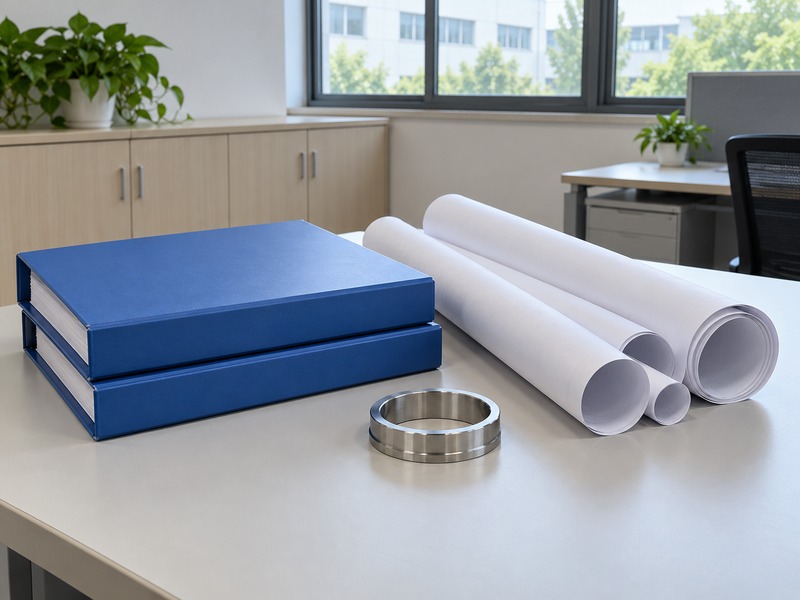 Plain engineering folders, drawing rolls, and a metal ring sample