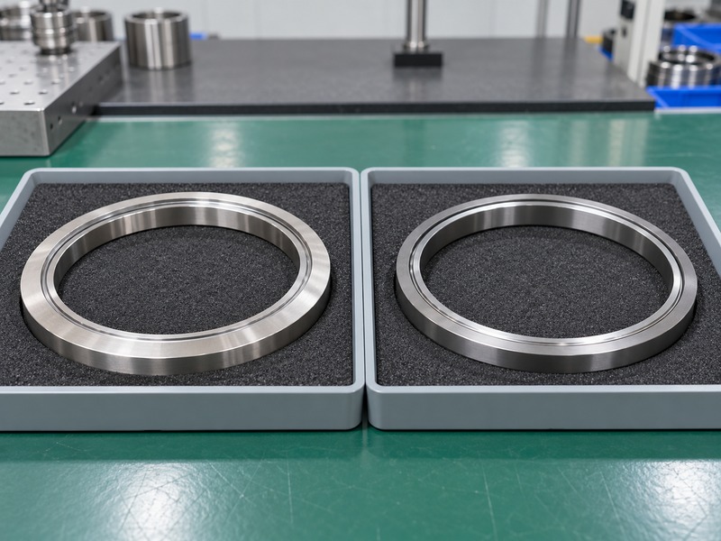 Two metal sealing rings lying in separate inspection trays