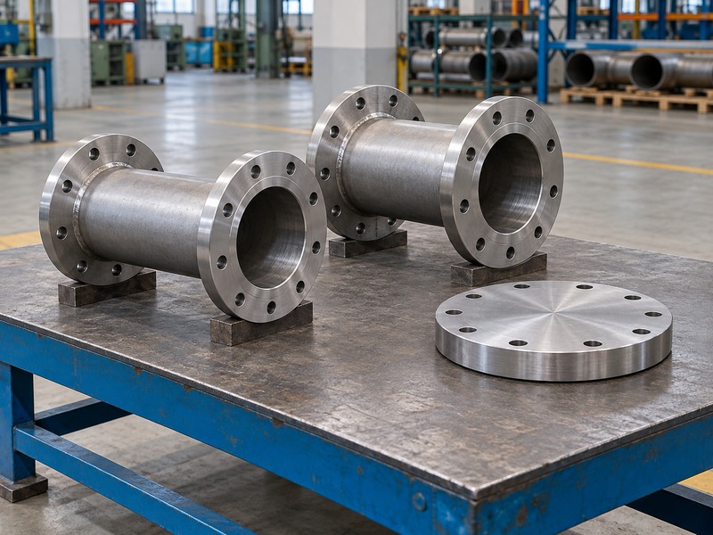 Flanged pipe spools and a solid blind flange on an offline workbench
