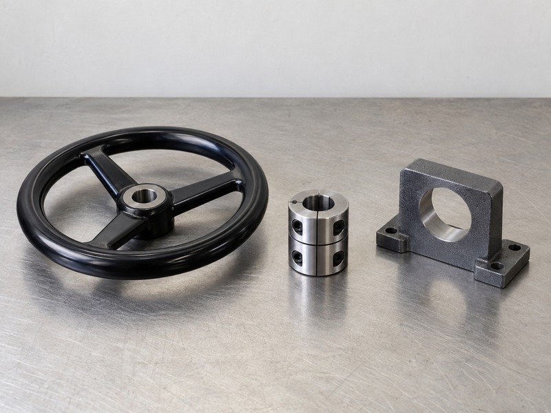 Separate handwheel, shaft coupling, and mounting bracket on a workshop bench
