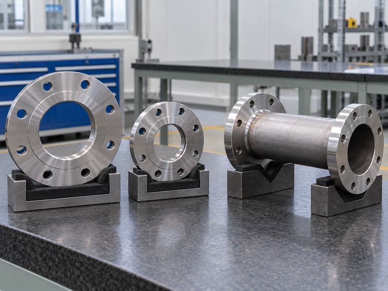 Two flange samples and a short pipe spool on padded supports
