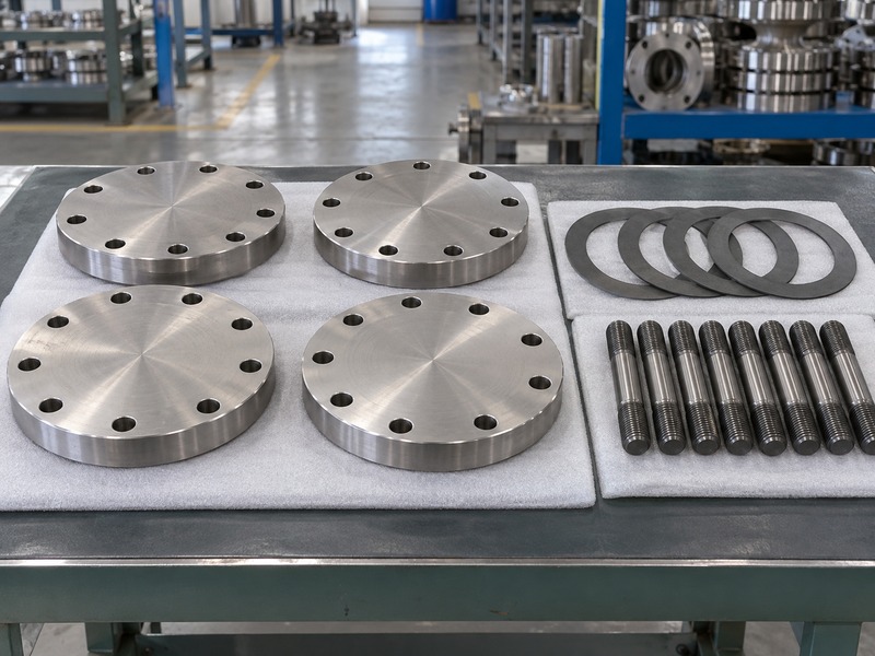 Blind flanges, gasket rings, and threaded studs on padded trays