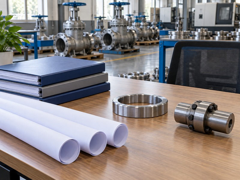 Engineering folders, drawing rolls, metal ring, and coupling on a review desk