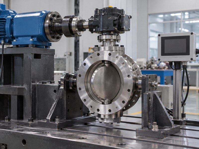 triple offset butterfly valve manufacturers: drive-system inspection setup at the worm-gearbox input.