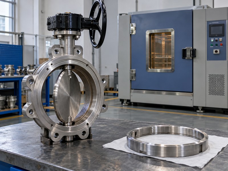 triple offset butterfly valve manufacturers: valve and seat component outside a closed temperature chamber.
