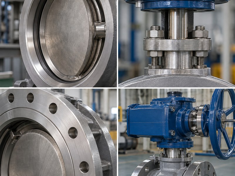 triple offset butterfly valve manufacturers: photographic comparison of sealing, retention, flange and drive details.